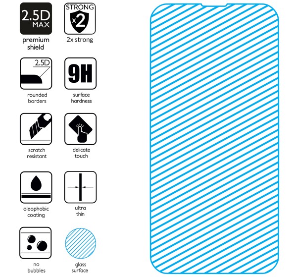 Summary of the features of toughened glass moVear GLASS mSHIELD 2.5D MAX for Apple iPhone 13 Mini z ekranem o przekątnej 5.4 cala The latest technologies in tempered glass for GLASS mSHIELD 2.5D MAX for iPhone 13 Mini. Feature icons.