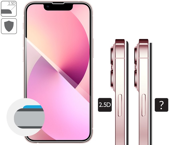 Graphic description of the 2.5D edge of moVear tempered glass GLASS mSHIELD 2.5D for iPhone 13 Mini Rounded safety edges 2.5D of moVear glass for Apple iPhone 13 Mini (5.4