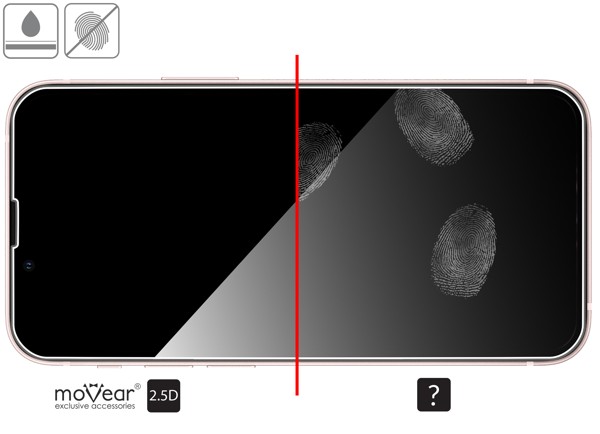 Advantages of the oleophobic surface of the protective glass moVear GLASS mSHIELD 2.5D for Apple iPhone 13 Mini (5.4 Oleophobic coating on matt tempered glass moVear GLASS mSHIELD 2.5D for Apple iPhone 13 Mini z ekranem o przekątnej 5.4 cala