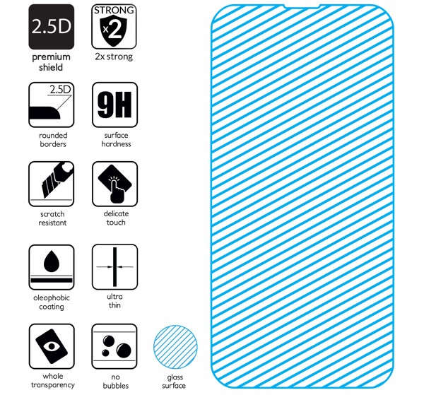Summary of the features of toughened glass moVear GLASS mSHIELD 2.5D for Apple iPhone 13 Mini z ekranem o przekątnej 5.4 cala The latest technologies in tempered glass for GLASS mSHIELD 2.5D for iPhone 13 Mini. Feature icons.