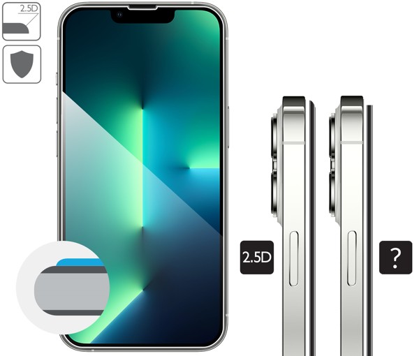 Opis graficzny krawędzi 2.5D szkła hartowanego moVear GLASS mSHIELD 2.5D na Apple iPhone 16e / 14 / 13 / 13 Pro (6.1 Zaokrąglone bezpieczne krawędzie 2.5D szkła moVear dla Apple iPhone 16e / 14 / 13 / 13 Pro (6.1