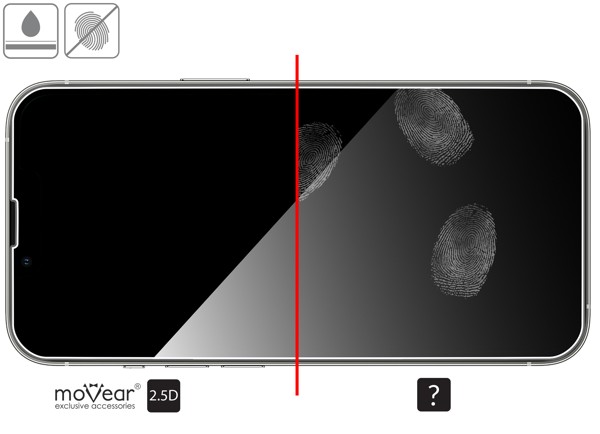 Zalety powierzchni oleofobowej szkła ochronnego moVear GLASS mSHIELD 2.5D na iPhone 16e / 14 / 13 / 13 Pro (6.1 Powłoka oleofobowa na matowym szkle hartowanym moVear GLASS mSHIELD 2.5D do Apple iPhone 16e / 14 / 13 / 13 Pro z ekranem o przekątnej 6.1 cala