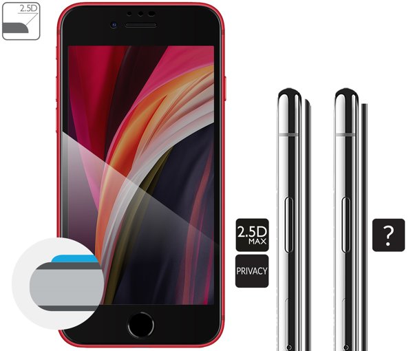 Opis graficzny krawędzi 2.5D MAX szkła hartowanego moVear GLASS mSHIELD 2.5D MAX privacy na iPhone SE 2022, SE 2020, 8, 7 (4.7 Zaokrąglone bezpieczne krawędzie 2.5D szkła moVear mSHIELD 2.5D MAX privacy dla iPhone SE 2022, SE 2020, 8, 7 (4.7
