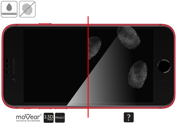 Zalety powierzchni oleofobowej szkła ochronnego moVear GLASS mSHIELD 2.5D MAX privacy na iPhone SE 2022, SE 2020, 8, 7 (4.7 Powłoka oleofobowa na matowym szkle hartowanym moVear GLASS mSHIELD 2.5D MAX privacy do Apple iPhone SE (2022 / 2020) / 8 / 7 z ekranem o przekątnej 4.7 cala
