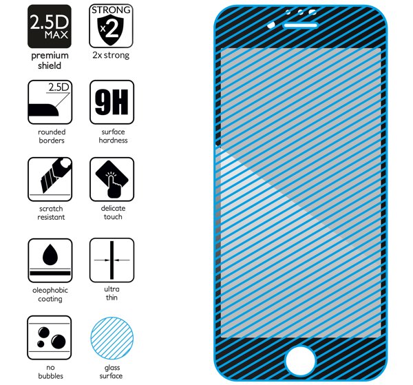 Podsumowanie cech szkła hartowanego moVear GLASS mSHIELD 2.5D MAX privacy na Apple iPhone SE (2022 / 2020) / 8 / 7 z ekranem o przekątnej 4.7 cala Najnowsze technologie w szkle hartowanym dla GLASS mSHIELD 2.5D MAX privacy do iPhone SE 2022, SE 2020, 8, 7. Ikony cech.