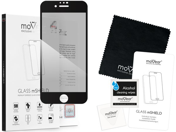 Zawartość zestawu moVear GLASS mSHIELD 2.5D MAX privacy na Apple iPhone SE (2022 / 2020) / 8 / 7 (4.7 Co zawiera oryginalne opakowanie szkła moVear GLASS mSHIELD 2.5D MAX privacy do Apple iPhone SE 2/3 & 8 / 7 (4.7