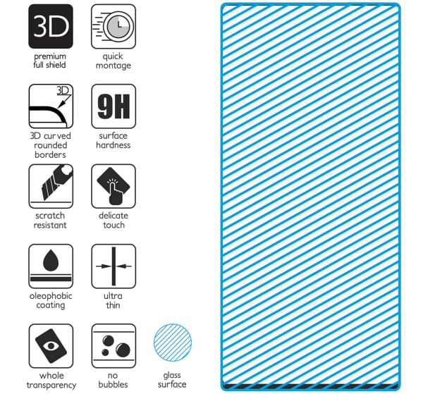 Podsumowanie cech szkła hartowanego moVear GLASS mSHIELD 3D na Samsung Galaxy S22 Ultra z ekranem o przekątnej 6.8 cala Najnowsze technologie w szkle hartowanym dla GLASS mSHIELD 3D do Samsung Galaxy S22 Ultra (S908). Ikony cech.