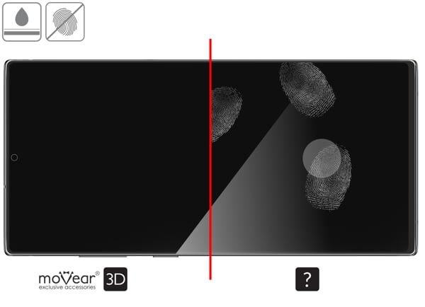 Zalety powierzchni oleofobowej szkła ochronnego moVear GLASS mSHIELD 3D na Samsung S22 Ultra Powłoka oleofobowa na szkle hartowanym moVear GLASS mSHIELD 3D do Samsung Galaxy S22 Ultra z ekranem o przekątnej 6.8 cala