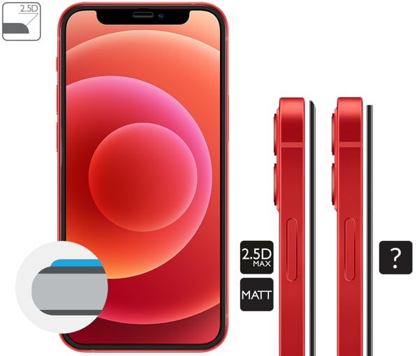 Opis graficzny krawędzi 2.5D MAX szkła hartowanego moVear GLASS mSHIELD 2.5D MAX MATT na Apple iPhone 12 Mini (5.4 Zaokrąglone bezpieczne krawędzie 2.5D szkła moVear mSHIELD 2.5D MAX MATT dla iPhone 12 Mini.