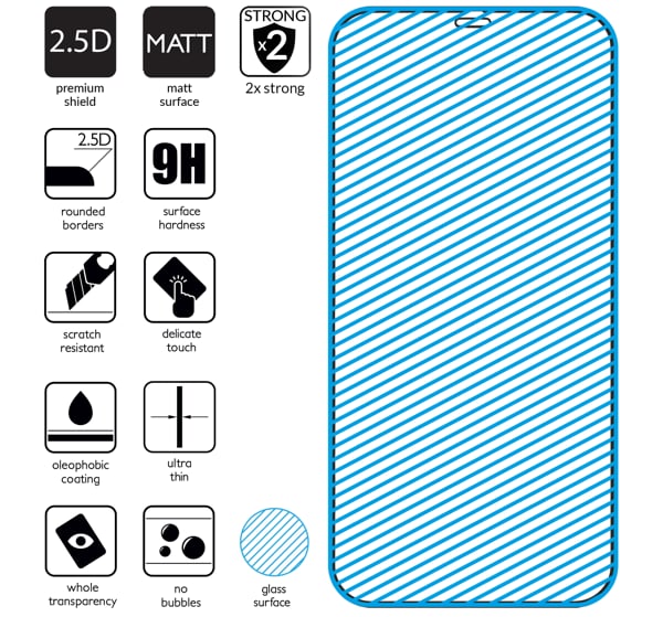 Podsumowanie cech szkła hartowanego moVear GLASS mSHIELD 2.5D MAX MATT na Apple iPhone 12 Mini z ekranem o przekątnej 5.4 cala Najnowsze technologie w szkle hartowanym dla GLASS mSHIELD 2.5D MAX MATT do Apple iPhone 12 Mini (5.4
