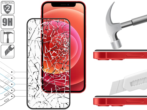 Budowa i wytrzymałość szkła hartowanego moVear GLASS mSHIELD 2.5D MAX MATT na iPhone 12 Mini (5.4 2x bardziej wytrzymałe szkło moVear GLASS mSHIELD 2.5D MAX MATT ochroni ekran Twojego iPhone 12 Mini. Wizualizacja warstw i powłok produktu.
