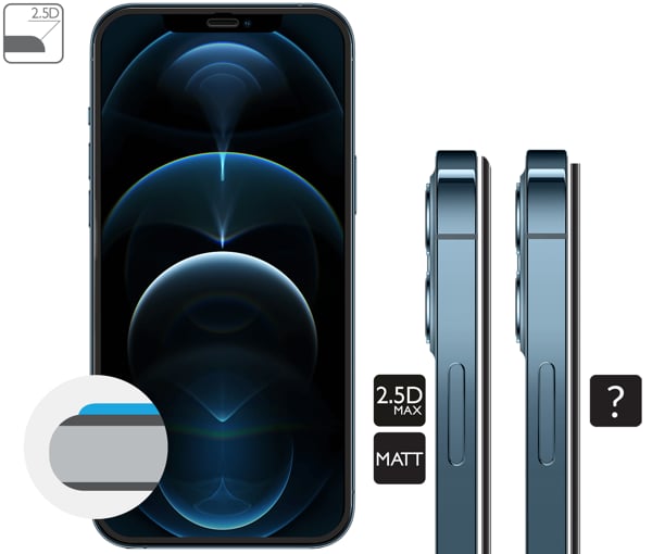 Opis graficzny krawędzi 2.5D MAX szkła hartowanego moVear GLASS mSHIELD 2.5D MAX MATT na Apple iPhone 12 Pro Max (6.7 Zaokrąglone bezpieczne krawędzie 2.5D szkła moVear mSHIELD 2.5D MAX MATT dla iPhone 12 Pro Max.