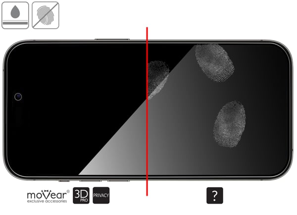 Zalety powierzchni oleofobowej szkła ochronnego moVear GLASS mSHIELD 3D PRO privacy na iPhone 14 Pro Wysokiej jakości powłoka oleofobowa na szkle hartowanym moVear GLASS mSHIELD 3D PRO privacy do Apple iPhone 14 Pro z ekranem o przekątnej 6.1 cala