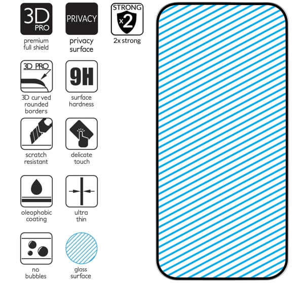 Podsumowanie cech szkła hartowanego moVear GLASS mSHIELD 3D PRO privacy na Apple iPhone 14 Pro z ekranem o przekątnej 6.1 cala Najnowsze technologie w szkle hartowanym dla GLASS mSHIELD 3D PRO privacy do iPhone 14 Pro (6.1
