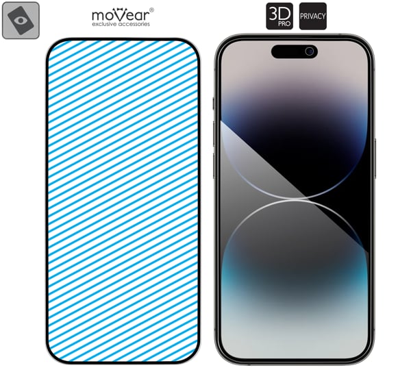 Obszar szklanej powierzchni mARG™ moVear GLASS mSHIELD 3D PRO privacy na Apple iPhone 14 Pro (6.1 Prawdziwe szkło w technologii mARG™ znajduje się na całej powierzchni protektora moVear GLASS mSHIELD 3D PRO do iPhone 14 Pro.