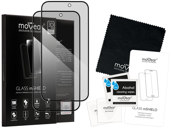 Zawartość zestawu moVear GLASS mSHIELD 3D PRO privacy na Apple iPhone 14 Pro (6.1 Co zawiera oryginalne opakowanie szkła moVear GLASS mSHIELD 3D PRO privacy do iPhone 14 Pro (6.1