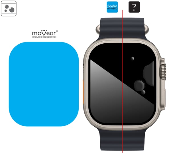Rozmieszczenie kleju - warstwy adsorpcyjnej - dla szkła hartowanego moVear flexible mSHIELD 2D na Apple Watch Ultra (49mm) Rozmieszczenie kleju pod całą powierzchnią szkła hybrydowego moVear flexible mSHIELD 2D na Apple Watch Ultra (49mm).