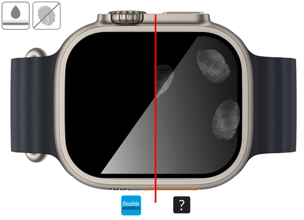 Zalety powierzchni oleofobowej szkła ochronnego moVear flexible mSHIELD 2D na Apple Watch Ultra (49mm) Wysokiej jakości powłoka oleofobowa na szkle hybrydowym moVear flexible mSHIELD 2D do Apple Watch Ultra (49mm) z ekranem o przekątnej 1.92 cala