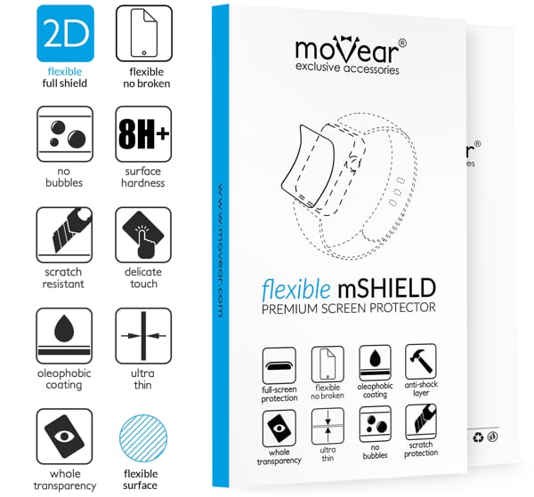 Podsumowanie cech szkła hartowanego moVear flexible mSHIELD 2D na Apple Watch Ultra (49mm) z ekranem o przekątnej 1.92 cala Najnowsze technologie w szkle hybrydowym flexible mSHIELD 2D do Apple Watch Ultra (49mm). Ikony cech.