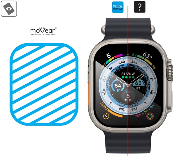 Obszar szklanej powierzchni hybrydowej moVear flexible mSHIELD 2D na Apple Watch Ultra (49mm) Nowoczesne szkło hybrydowe mHG9™ 9h znajduje się na całej powierzchni protektora moVear flexible mSHIELD 2D do Apple Watch Ultra (49mm).