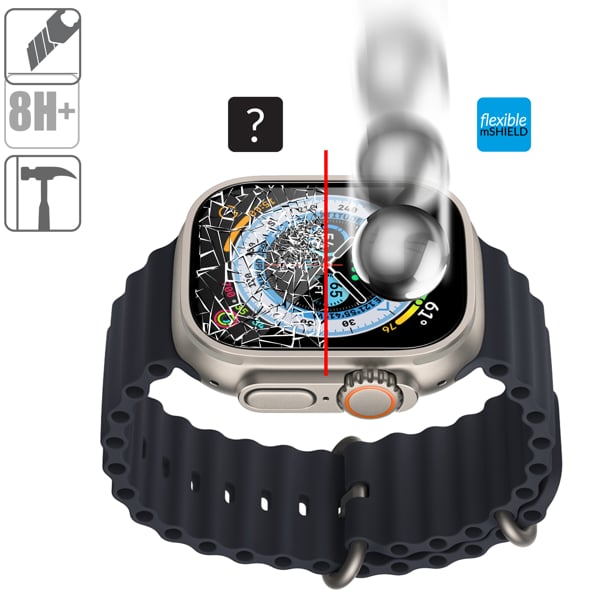 Budowa i wytrzymałość szkła hartowanego moVear flexible mSHIELD 2D na Apple Watch Ultra (49mm) Wytrzymałe hybrydowe szkło moVear flexible 2D ochroni ekran Apple Watch Ultra (49mm).