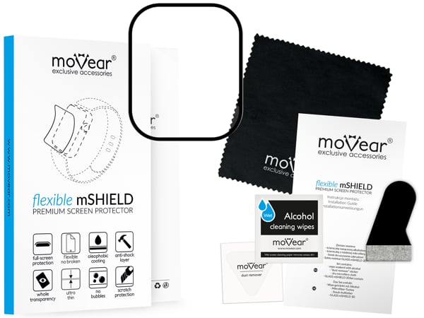 Zawartość zestawu moVear flexible mSHIELD 2D na Apple Watch Ultra (49mm) Co zawiera oryginalne opakowanie szkła moVear flexible mSHIELD 2D do Apple Watch Ultra (49mm):