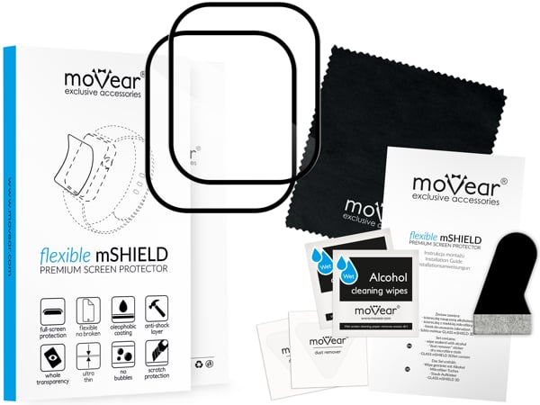 Zawartość zestawu moVear flexible mSHIELD 2D na Apple Watch Ultra (49mm) Co zawiera oryginalne opakowanie szkła moVear flexible mSHIELD 2D do Apple Watch Ultra (49mm):