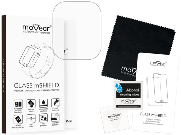 Zawartość zestawu moVear GLASS mSHIELD 2.5D MATT na Apple Watch Ultra (49mm) Co zawiera oryginalne opakowanie szkła moVear GLASS mSHIELD 2.5D MATT do Apple Watch Ultra (49mm):