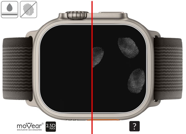 Zalety powierzchni oleofobowej szkła ochronnego moVear GLASS mSHIELD 2.5D MATT na Apple Watch Ultra (49mm) Powłoka oleofobowa na matowym szkle hartowanym moVear GLASS mSHIELD 2.5D MATT do Apple Watch Ultra (49mm) z ekranem o przekątnej 1.92 cala
