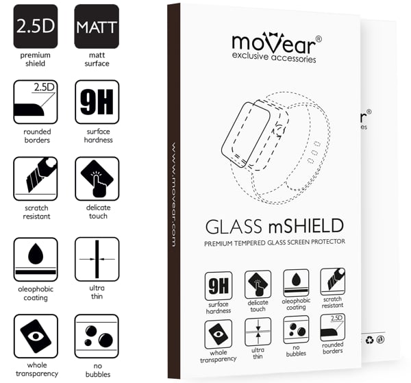 Podsumowanie cech szkła hartowanego moVear GLASS mSHIELD 2.5D MATT na Apple Watch Ultra (49mm) z ekranem o przekątnej 1.92 cala Najnowsze technologie w szkle hartowanym dla GLASS mSHIELD 2.5D MATT do Apple Watch Ultra (49mm). Ikony cech.