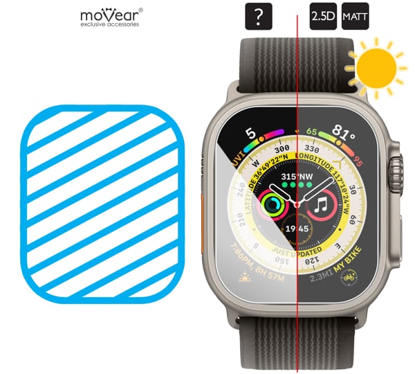 Obszar szklanej powierzchni mARG™ moVear GLASS mSHIELD 2.5D MATT na Apple Watch Ultra (49mm) Prawdziwe szkło znajduje się na całej powierzchni protektora moVear GLASS mSHIELD 2.5D MATT do Apple Watch Ultra (49mm).