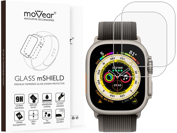 Zawartość zestawu moVear GLASS mSHIELD 2.5D MATT na Apple Watch Ultra (49mm) Co zawiera oryginalne opakowanie szkła moVear GLASS mSHIELD 2.5D MATT do Apple Watch Ultra (49mm):