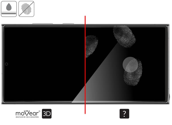 Zalety powierzchni oleofobowej szkła ochronnego moVear GLASS mSHIELD 3D na Samsung Galaxy S23 Ultra (6.8 Powłoka oleofobowa na szkle hartowanym moVear GLASS mSHIELD 3D do Samsung Galaxy S23 Ultra z ekranem o przekątnej 6.8 cala