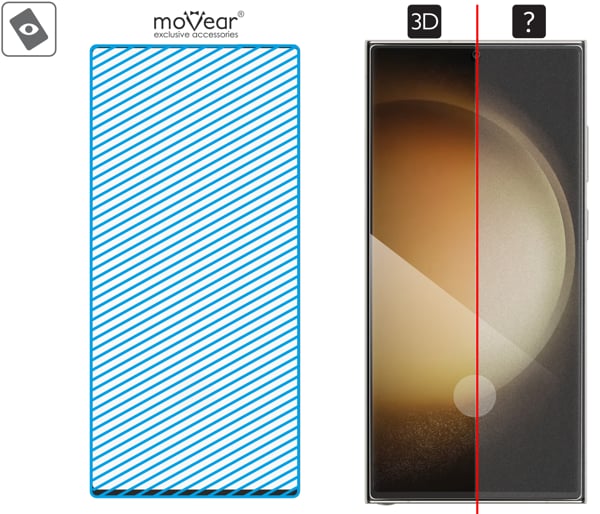 Obszar szklanej powierzchni mARG™ moVear GLASS mSHIELD 3D na Samsung Galaxy S23 Ultra (6.8 Prawdziwe szkło w technologii mARG™ znajduje się na całej powierzchni protektora moVear GLASS mSHIELD 3D do Samsung Galaxy S23 Ultra (6.8