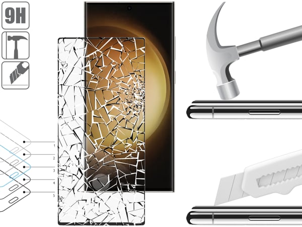 Budowa i wytrzymałość szkła hartowanego moVear GLASS mSHIELD 3D na Samsung S23 Ultra Wytrzymałe szkło moVear GLASS mSHIELD 3D ochroni ekran Twojego Samsung S23 Ultra. Wizualizacja warstw i powłok produktu.
