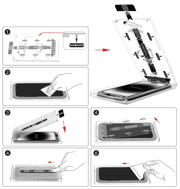 Important instructions pictorial proper installation of glass moVear mBOX GLASS mSHIELD 2.5D for iPhone 16e / 14 / 13 / 13 Pro (6.1 Check how to easy mount the moVear mBOX GLASS mSHIELD 2.5D tempered glass on the smartphone screen iPhone 16e / 14 / 13 / 13 Pro (6.1