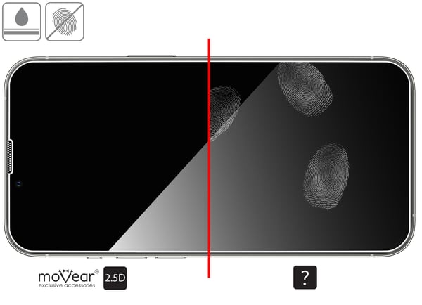 Advantages of the oleophobic surface of the protective glass moVear mBOX GLASS mSHIELD 2.5D for Apple iPhone 16e / 14 / 13 / 13 Pro Oleophobic coating on matt tempered glass moVear mBOX GLASS mSHIELD 2.5D for Apple iPhone 16e / 14 / 13 / 13 Pro z ekranem o przekątnej 6.1 cala