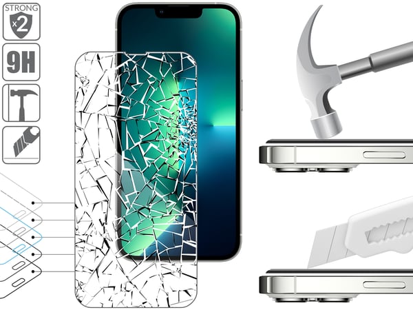 Structure and strength of tempered glass moVear mBOX GLASS mSHIELD 2.5D for Apple iPhone 16e / 14 / 13 / 13 Pro 2x more durable glass moVear mBOX GLASS mSHIELD 2.5D will protect the screen of your Apple iPhone 16e / 14 / 13 / 13 Pro. Visualization of layers and coatings of the product.