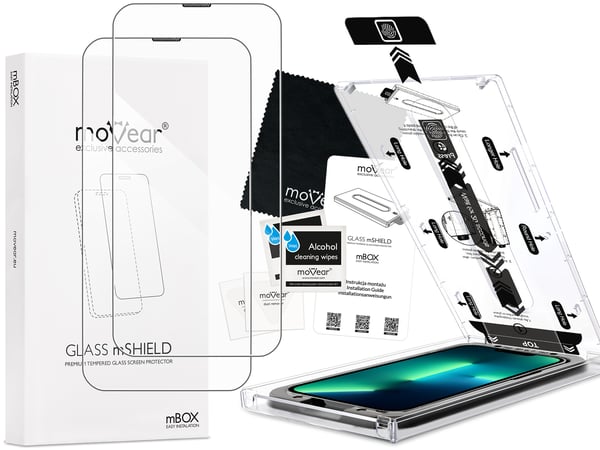 Contents of the moVear mBOX GLASS mSHIELD 2.5D for iPhone 16e / 14 / 13 / 13 Pro What is included in the original moVear mBOX GLASS mSHIELD 2.5D glass packaging for Apple iPhone 16e / 14 / 13 / 13 Pro: