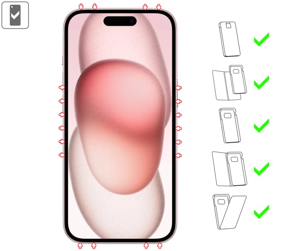 Do jakich typów etui pasuje moVear mBOX GLASS mSHIELD 2.5D MAX MATT na Apple iPhone 16 / 15 mBOX GLASS mSHIELD 2.5D MAX MATT na Apple iPhone 16 / 15 umożliwia użytkowanie z wieloma etui. Zastosuj etui aby jeszcze lepiej ochronić smartfon przed uszkodzeniami.