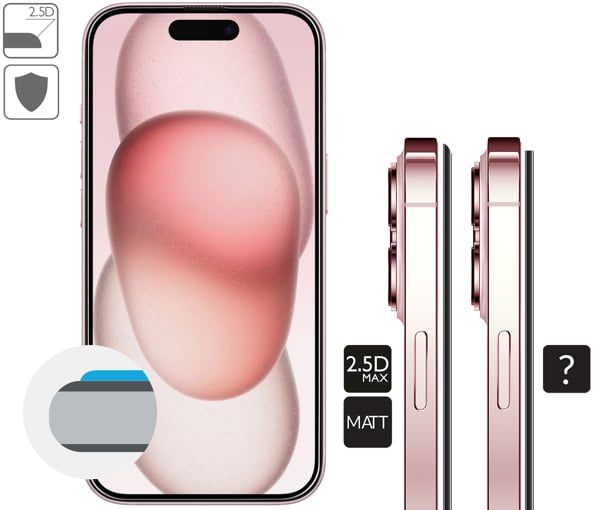 Opis graficzny krawędzi 2.5D MAX szkła hartowanego moVear mBOX GLASS mSHIELD 2.5D MAX MATT na Apple iPhone 16 / 15 Zaokrąglone bezpieczne krawędzie 2.5D szkła moVear mBOX mSHIELD 2.5D MAX MATT dla Apple iPhone 16 / 15 (6,1