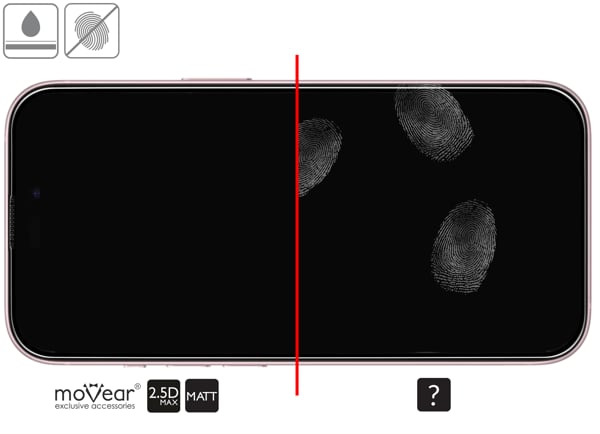 Zalety powierzchni oleofobowej szkła ochronnego moVear mBOX GLASS mSHIELD 2.5D MAX MATT na Apple iPhone 16 / 15 Powłoka oleofobowa na matowym szkle hartowanym moVear mBOX GLASS mSHIELD 2.5D MAX MATT do Apple iPhone 16 / 15 z ekranem o przekątnej 6,1 cala