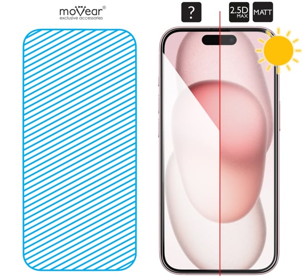 Obszar szklanej powierzchni mARG™ moVear mBOX GLASS mSHIELD 2.5D MAX MATT na Apple iPhone 16 / 15 (6,1 Prawdziwe szkło znajduje się na całej powierzchni protektora moVear GLASS mSHIELD 2.5D MAX MATT do Apple iPhone 16 / 15.