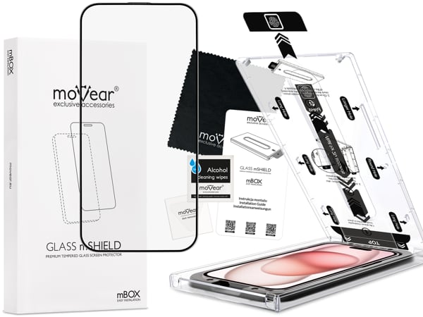 Zawartość zestawu moVear mBOX GLASS mSHIELD 2.5D MAX MATT na Apple iPhone 16 / 15 (6,1 Co zawiera oryginalne opakowanie szkła moVear mBOX GLASS mSHIELD 2.5D MAX MATT do Apple iPhone 16 / 15: