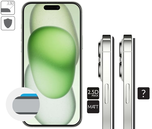 Graphic description of the 2.5D MAX edge of moVear tempered glass mBOX GLASS mSHIELD 2.5D MAX MATT for Apple iPhone 16 Plus / 15 Plus (6.7 Rounded safety edges 2.5D of moVear mBOX mSHIELD 2.5D MAX MATT glass for Apple iPhone 16 Plus / 15 Plus.