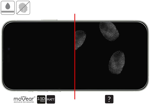 Advantages of the oleophobic surface of the protective glass moVear mBOX GLASS mSHIELD 2.5D MAX MATT for Apple iPhone 16 Plus / 15 Plus Oleophobic coating on matt tempered glass moVear mBOX GLASS mSHIELD 2.5D MAX MATT for Apple iPhone 16 Plus / 15 Plus z ekranem o przekątnej 6.7 cala