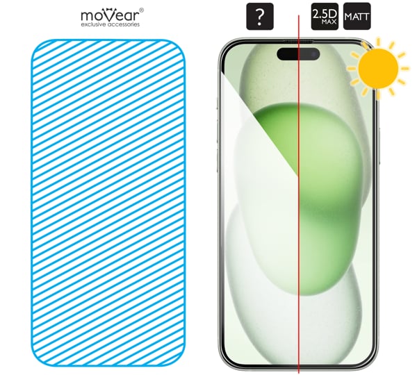Area of the glass surface mARG™ moVear mBOX GLASS mSHIELD 2.5D MAX MATT for Apple iPhone 16 Plus / 15 Plus The real glass is on the entire surface of the moVear GLASS mSHIELD 2.5D MAX MATT protector for Apple iPhone 16 Plus / 15 Plus (6.7