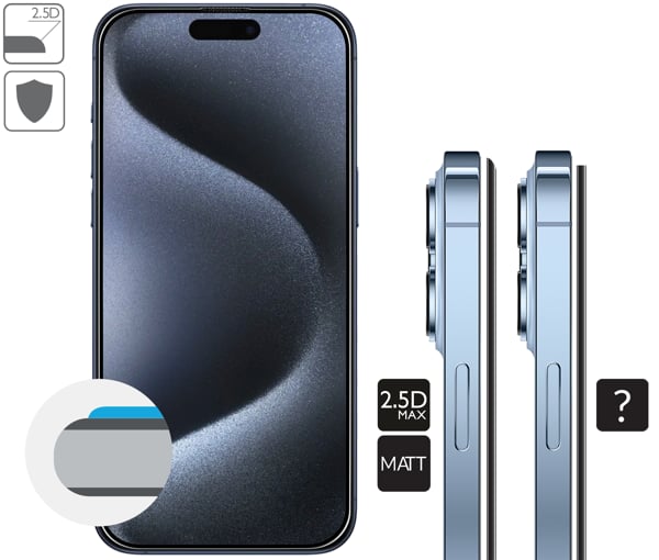 Opis graficzny krawędzi 2.5D MAX szkła hartowanego moVear mBOX GLASS mSHIELD 2.5D MAX MATT na Apple iPhone 15 Pro Max Zaokrąglone bezpieczne krawędzie 2.5D szkła moVear mBOX mSHIELD 2.5D MAX MATT dla Apple iPhone 15 Pro Max (6.7