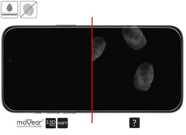 Zalety powierzchni oleofobowej szkła ochronnego moVear mBOX GLASS mSHIELD 2.5D MAX MATT na iPhone 15 Pro Max Powłoka oleofobowa na matowym szkle hartowanym moVear mBOX GLASS mSHIELD 2.5D MAX MATT do Apple iPhone 15 Pro Max z ekranem o przekątnej 6.7 cala