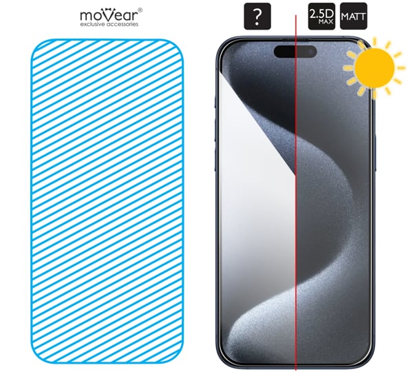 Obszar szklanej powierzchni mARG™ moVear mBOX GLASS mSHIELD 2.5D MAX MATT na Apple iPhone 15 Pro Max Prawdziwe szkło znajduje się na całej powierzchni protektora moVear GLASS mSHIELD 2.5D MAX MATT do iPhone 15 Pro Max.